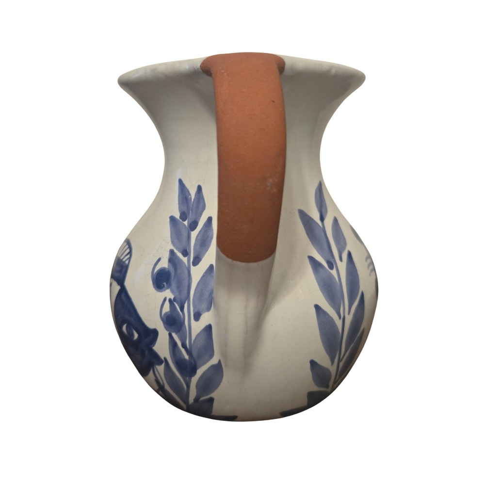 Sto Onofre Portugal Hand Painted Blue Fish Pitcher Terracotta Handle 4.75" - Picture 4 of 7